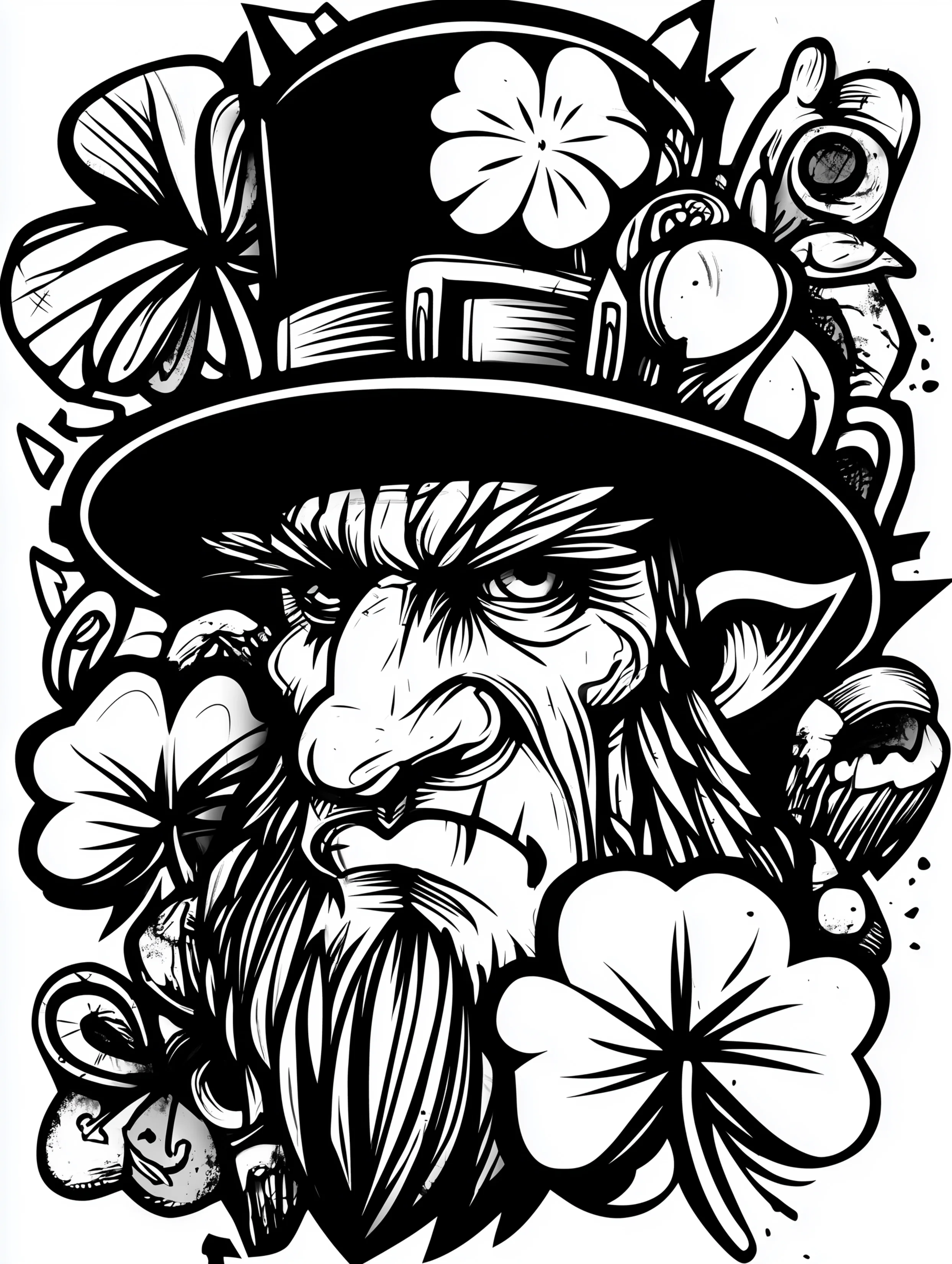 Free printable St Patricks Day coloring page for adults featuring a leprechaun looking left